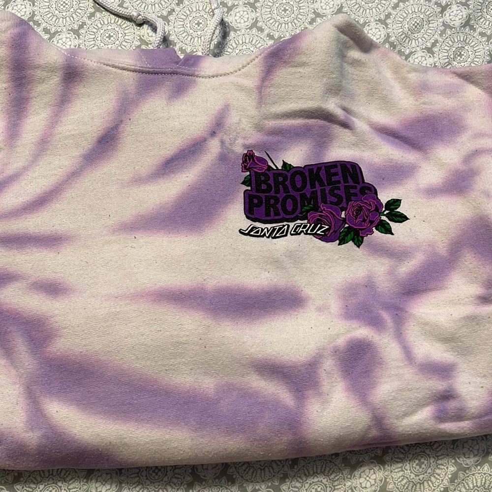 broken promises santa cruz hoodie, purple & white tie dye butterfly, size medium